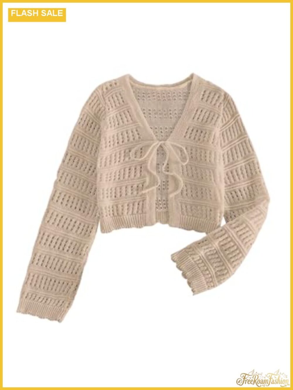 Boho Tie Front Crochet Knit Cardigan Crop Top - V-Neck Sheer Beach Cover Up